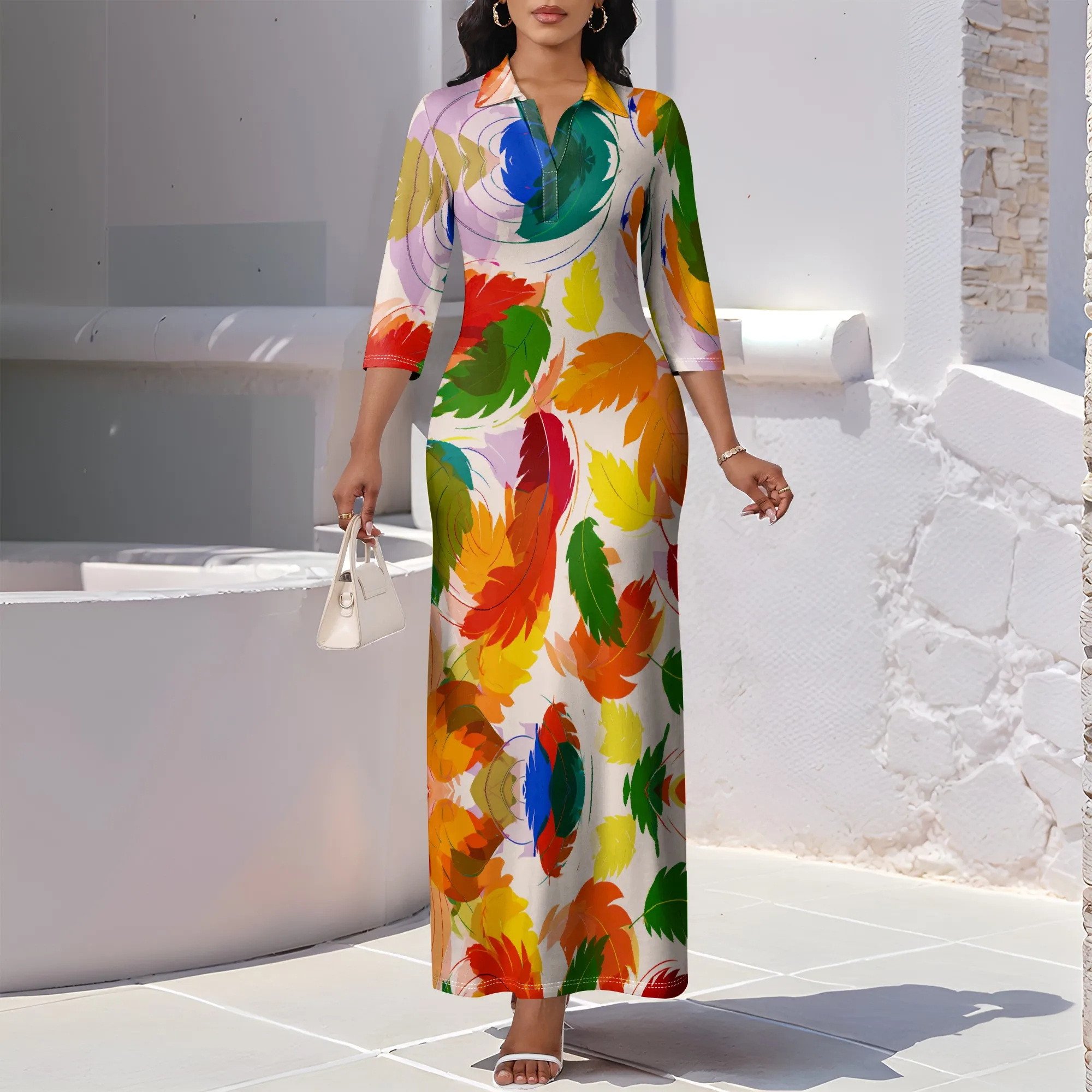 

2025 Fall New Women's Leaf Print Maxi Dress Lapel Collar Half Sleeve Bodycon Casual Dress Vintage Commute Dress S-3XL