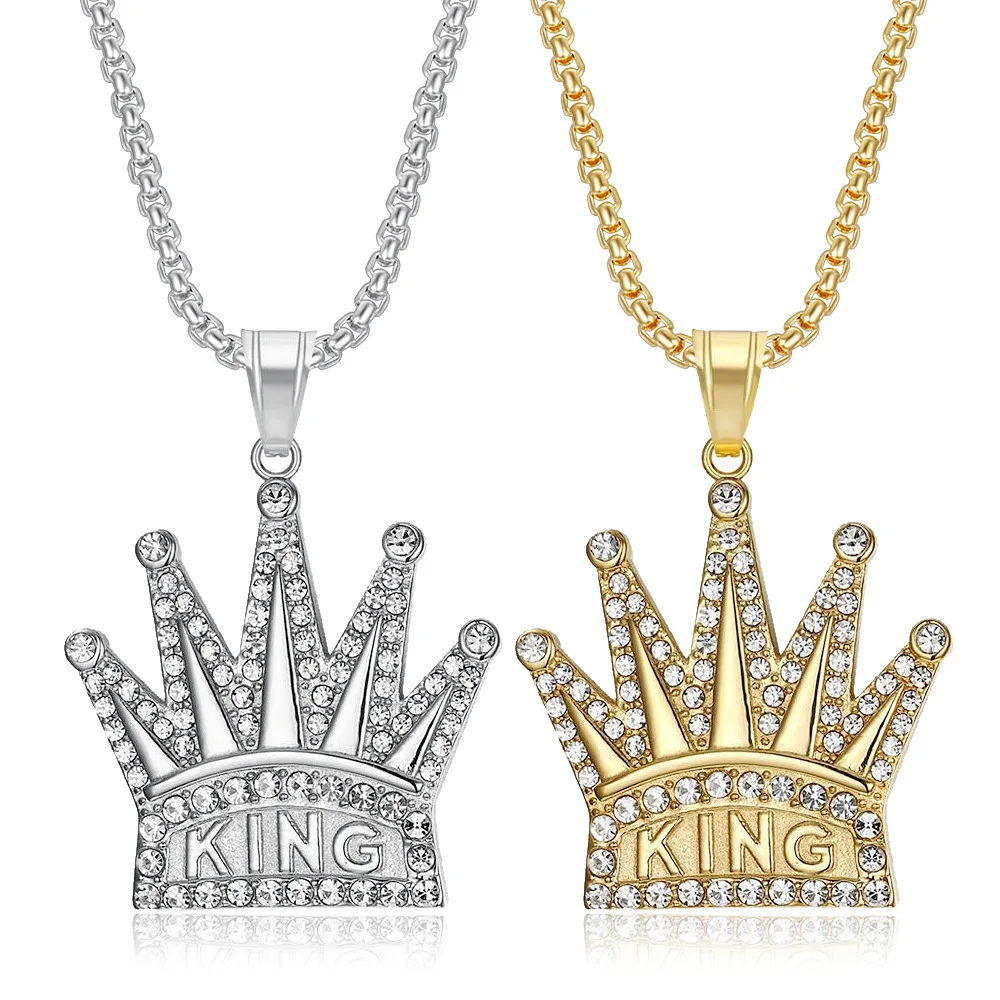 

Besiko King Crown Pendant Necklace Men's Fashion Titanium Steel Necklace Gold Plated Rhinestones Hip Hop Jewelry Gifts