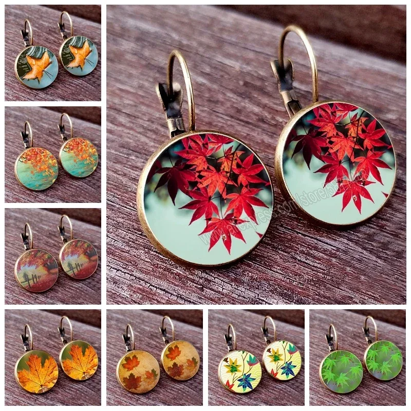 Autumn and Summer Yellow and Green Maple Leaf Earrings Glass Dome Circular Colored Earrings Oil Painting Pendant Female Earring