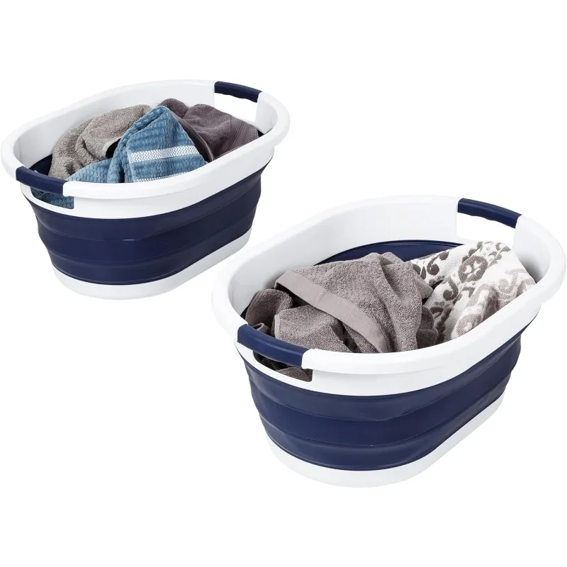 Honey Can Do Set of 2 Collapsible Rubber Laundry Baskets With Handles, Navy Blue & White HMP-09827 Navy Blue