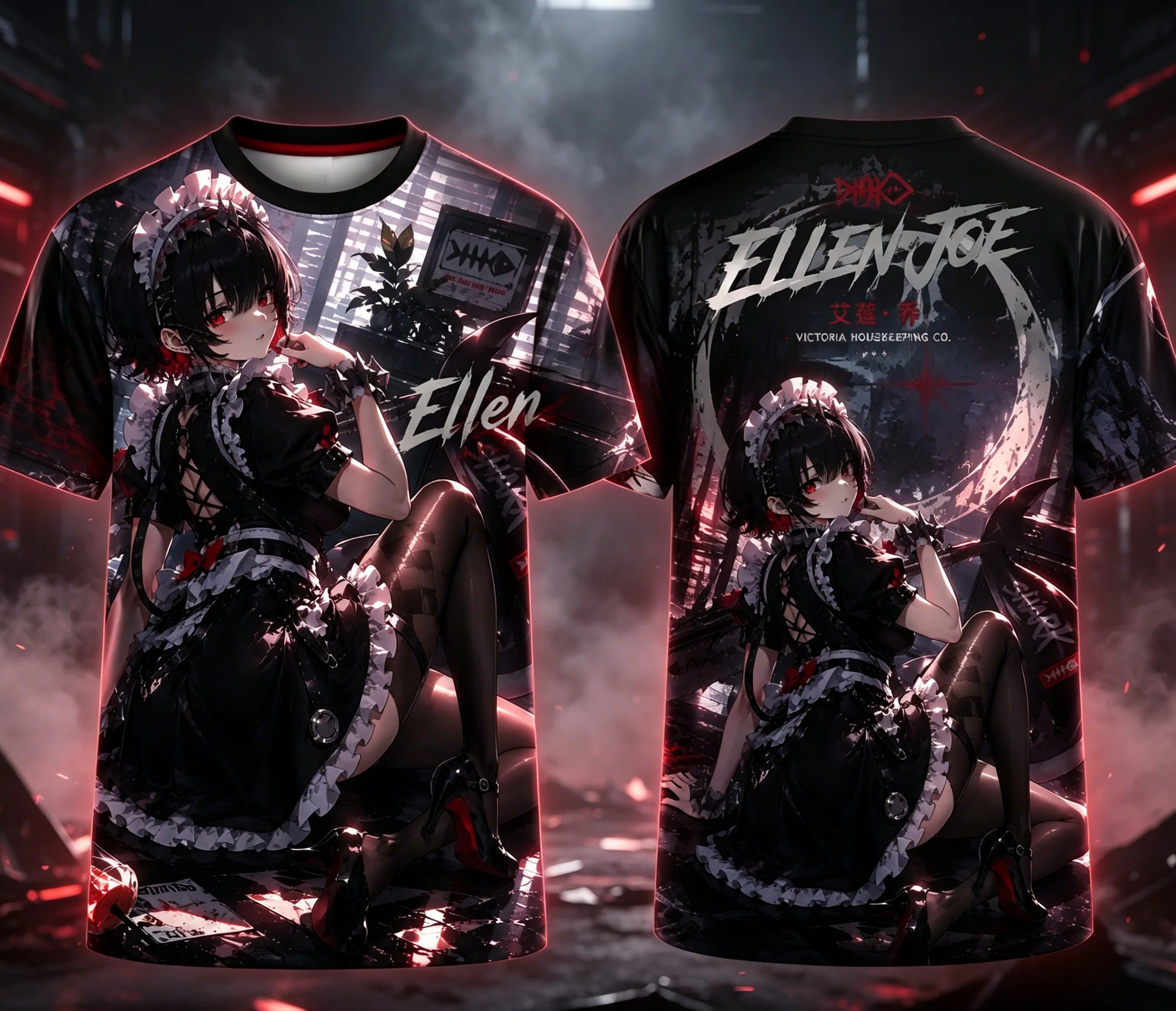 Ellen Joe Anime Shark‑Maid Girl Y2K Dark Grunge 3D All‑Over Print T‑Shirt Graphic Short‑Sleeve Tee Casual Unisex Tops Men Women