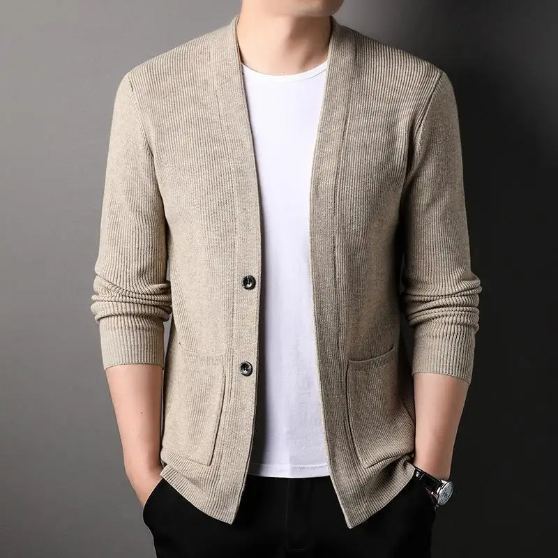 2023 Spring Autumn New Knitted Cardigan Men\'s Korean Version Trend Outside Wear Sweater Young Middle-Aged Simple Casual Coat