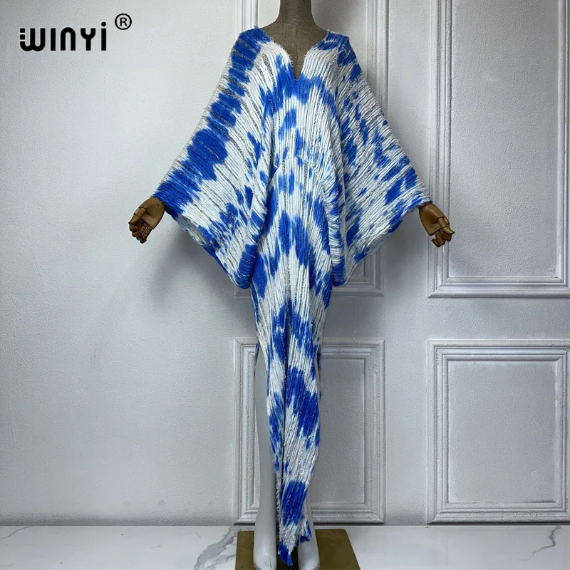 WINYI Original kaftan tie-dye summer v-neck Knitted hollow sexy beach cover up dress Elegant Floor-sweeping evening dress Women