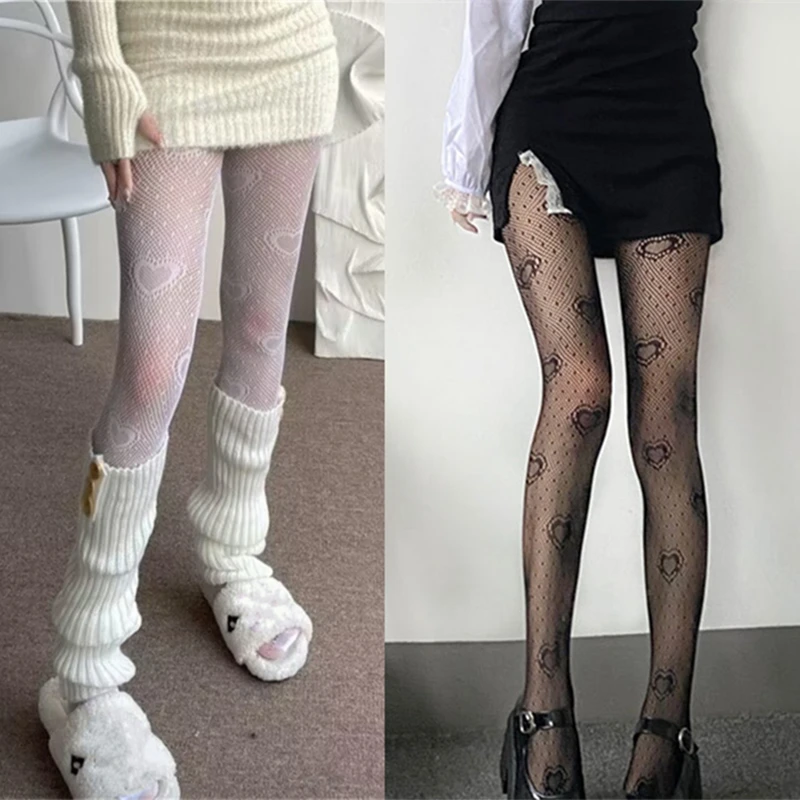 Cute Heart Flower Mesh Stockings Japanese Lolita Tights Stockings White Fishnet Pantyhose Girls Women Summer Legging Stocking