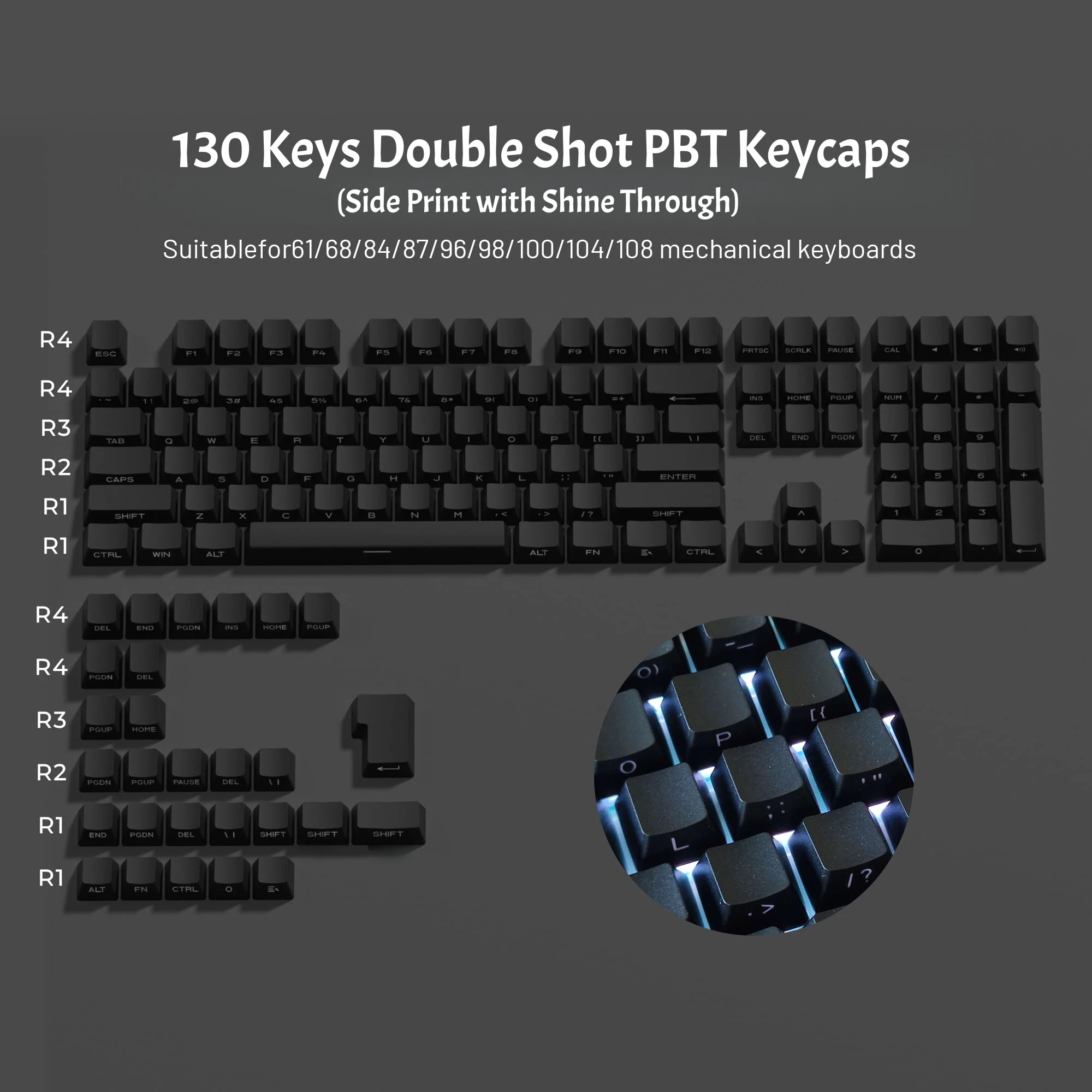 130 Keys Black PBT Double Shot Keycaps Side-lit Shine Through Backlit Keycaps OEM Profile for MX Switches Mechanical Keyboard