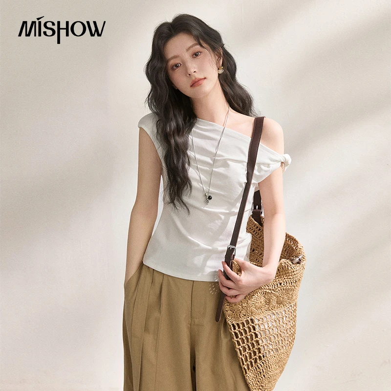 MISHOW Asymmetric Off-Shoulder Twist T-Shirt For Women 2026 Summer New Pleated Design Slim Fit Sexy Temperament Top MXF24T1634