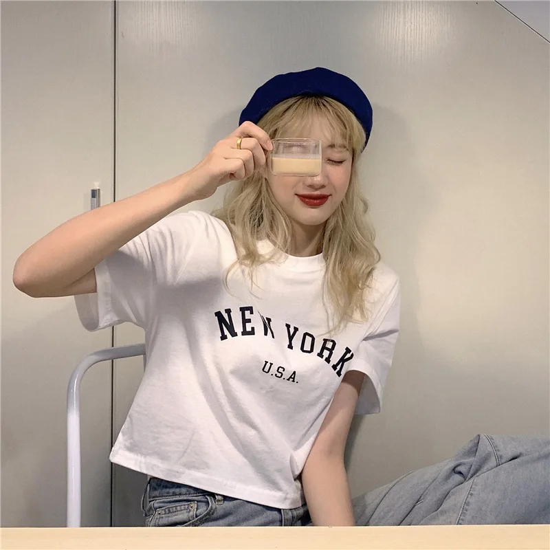 Korte top met letterprint Dames Zomer Slim-fit T-shirt met korte mouwen Dames Ins