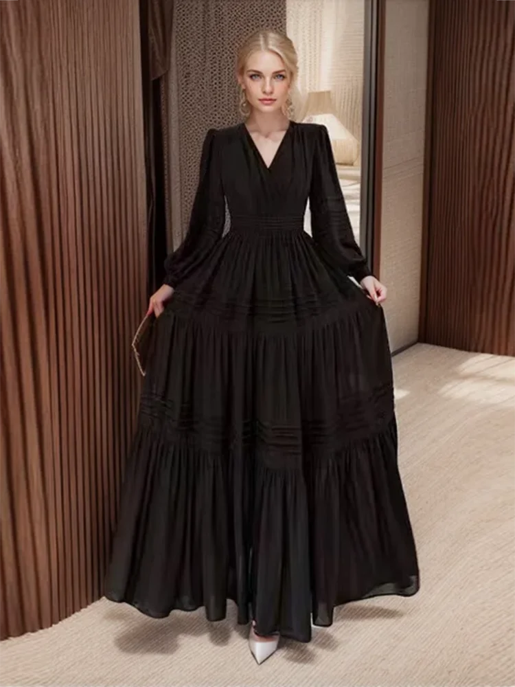 

SEQINYY Elegant Long Dress Spring Autumn New Fashion Design Women Runway V-Neck High Street A-Line Pleated Draped Black Party