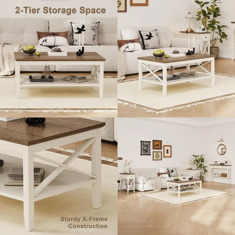 طاولة قهوة خشبية ريفية بأرجل سميكة وتخزين لغرفة المعيشة #1