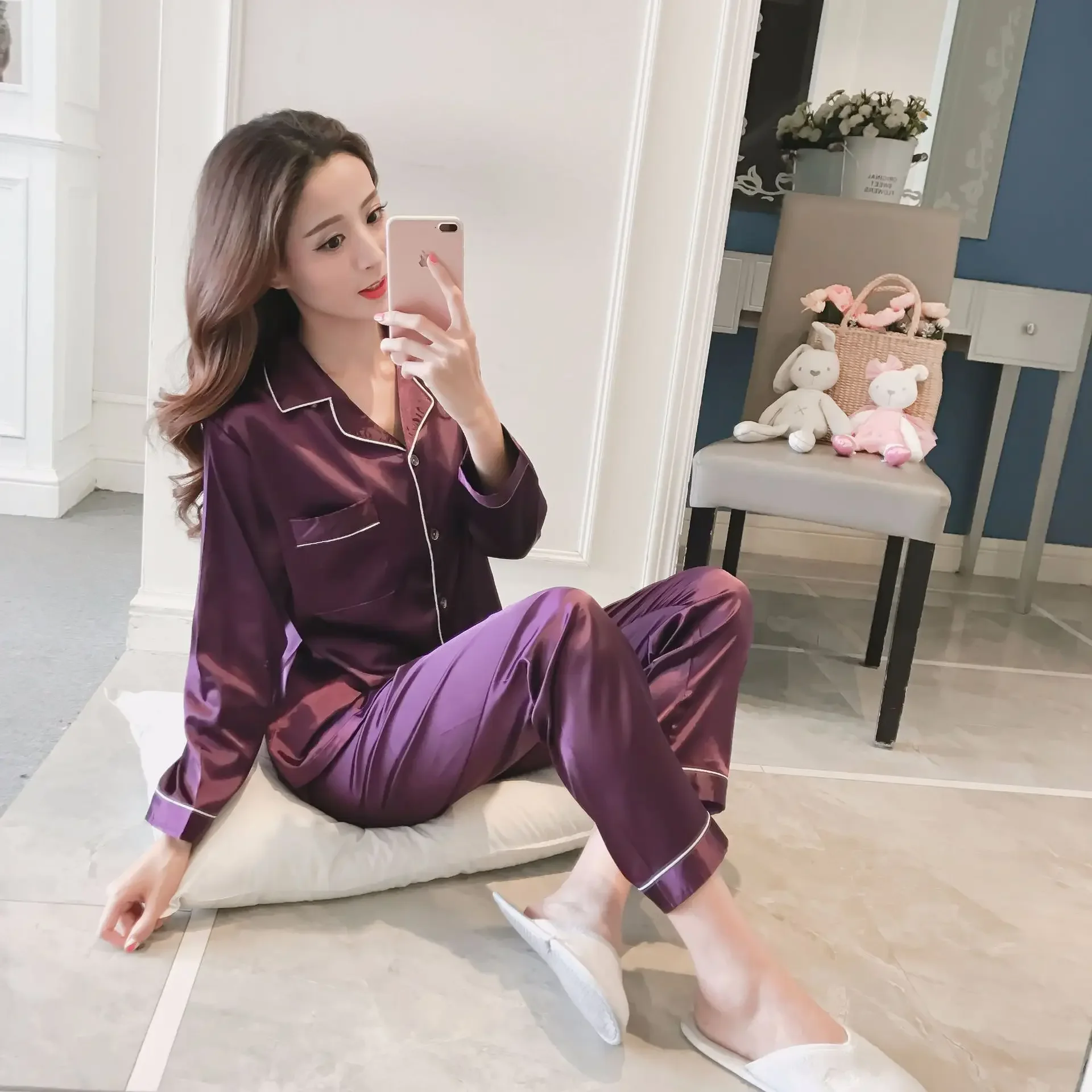 Trendy plus size lapel cardigan imitation silk sleepwear spring and autumn European and American style women\'s home clothes