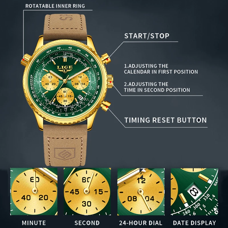 LIGE Men Watch Fashion Top Brand Luxury Leather Watch For Men Outdoor Sports Waterproof Luminous Quartz Chronograph Reloj Hombre