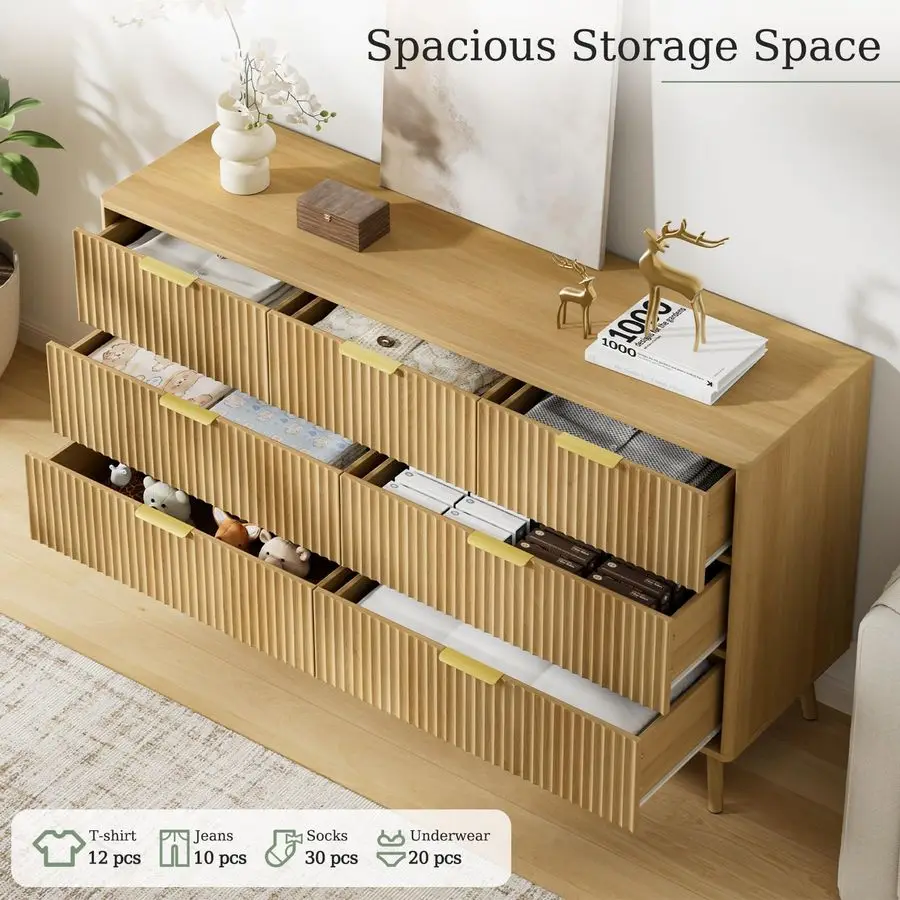 ตู้ลิ้นชักแบบมีร่องกว้าง 55 ซม. สำหรับห้องนอน 7 ลิ้นชัก ตู้ลิ้นชักทันสมัยพร้อมดีไซน์โค้งมนและมือจับโลหะ ทำจากไม้