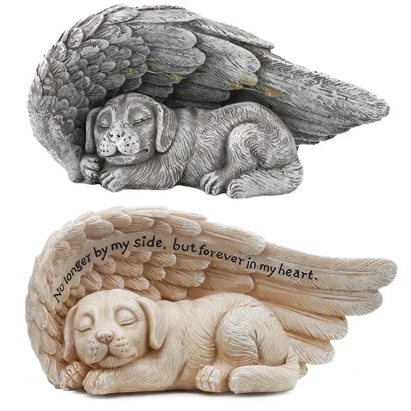 Resin Angel Dog Cat Statue Garden Decor Puppy Tombstone Sculpture Angel Wings LED Lights Garden Home Statues Figurine Gifts