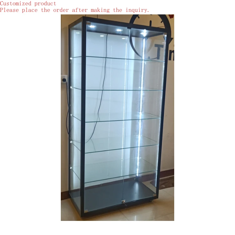 

Custom.Black Aluminum Full Glass Transparent Opening Door Movable Antique Display Cabinet with Led Strip