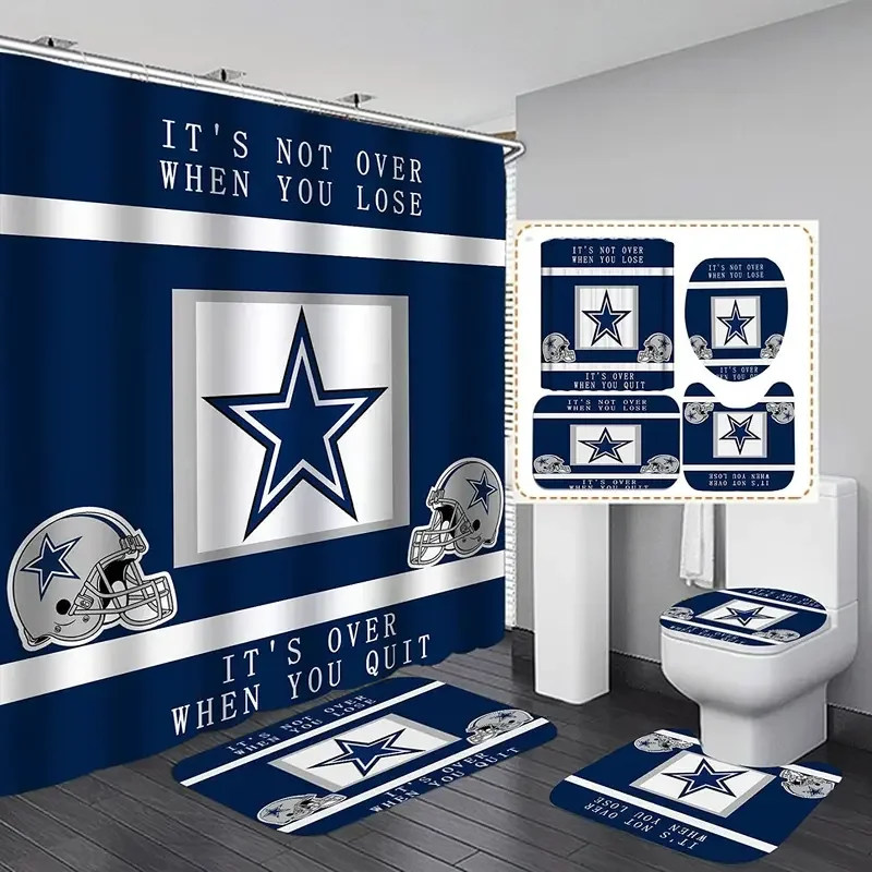 4PCS Sports Shower Curtain Set American Football Grey Helmet Texas Star Quotes Modern Touchdown Man Cave Bathroom Decor Mats