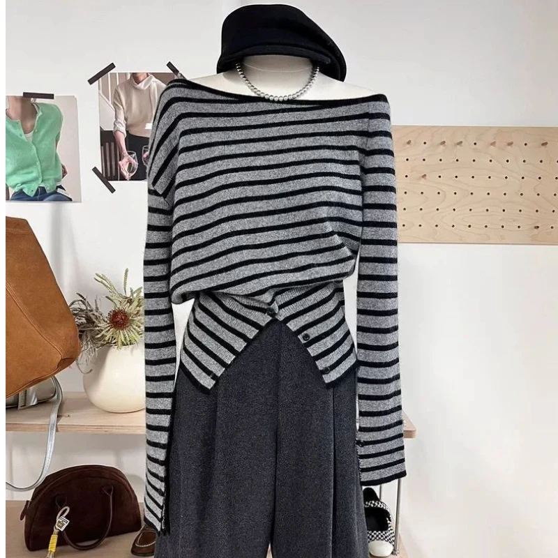 

Spring Autumn Korean Striped Contrast Irregular Pullovers Top Long Sleeve All-match Sweaters Trend Casual Women Clothing JJ1286