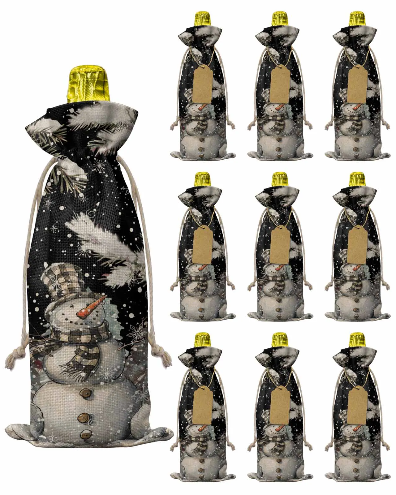 10pcs Snowman Watercolor SnowflakeWine Bottle Bag with Drawstring Festive Party Decor Wine Bottle Covers Gift