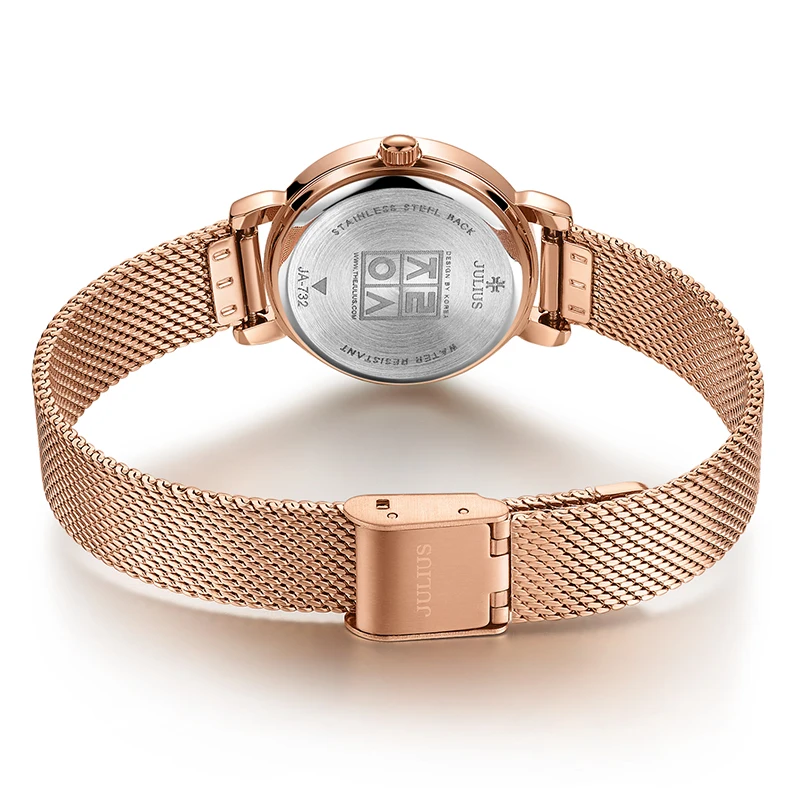 JULIUS JA-732 Female Women's Silver Rose Gold Tone Mesh Stainless Steel Quartz Analog Waterproof Fashion Watch Casual Wristwatch