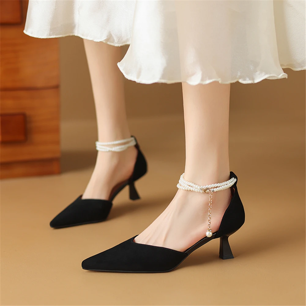 FEDONAS New Women Genuine Leather Pumps Elegant Pearl Decoration Party Wedding Shoes Woman Pointed Toe Prom Pumps Shoes