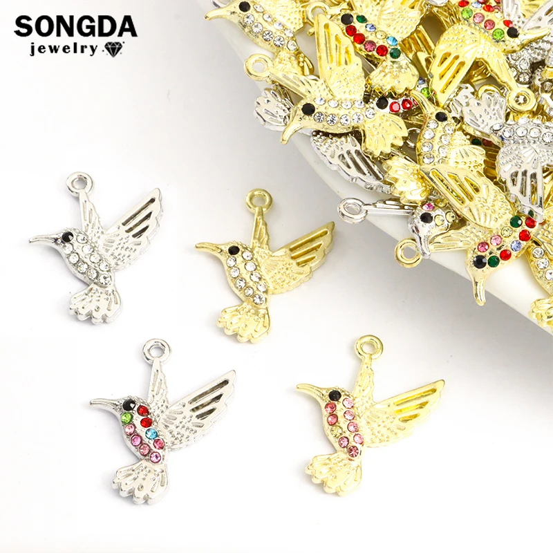 10pcs Cute Hummingbird Charms Crystal Rhinestone Lovely Birds Pendants Fashion Accessories for Jewelry Making Bracelets Necklace