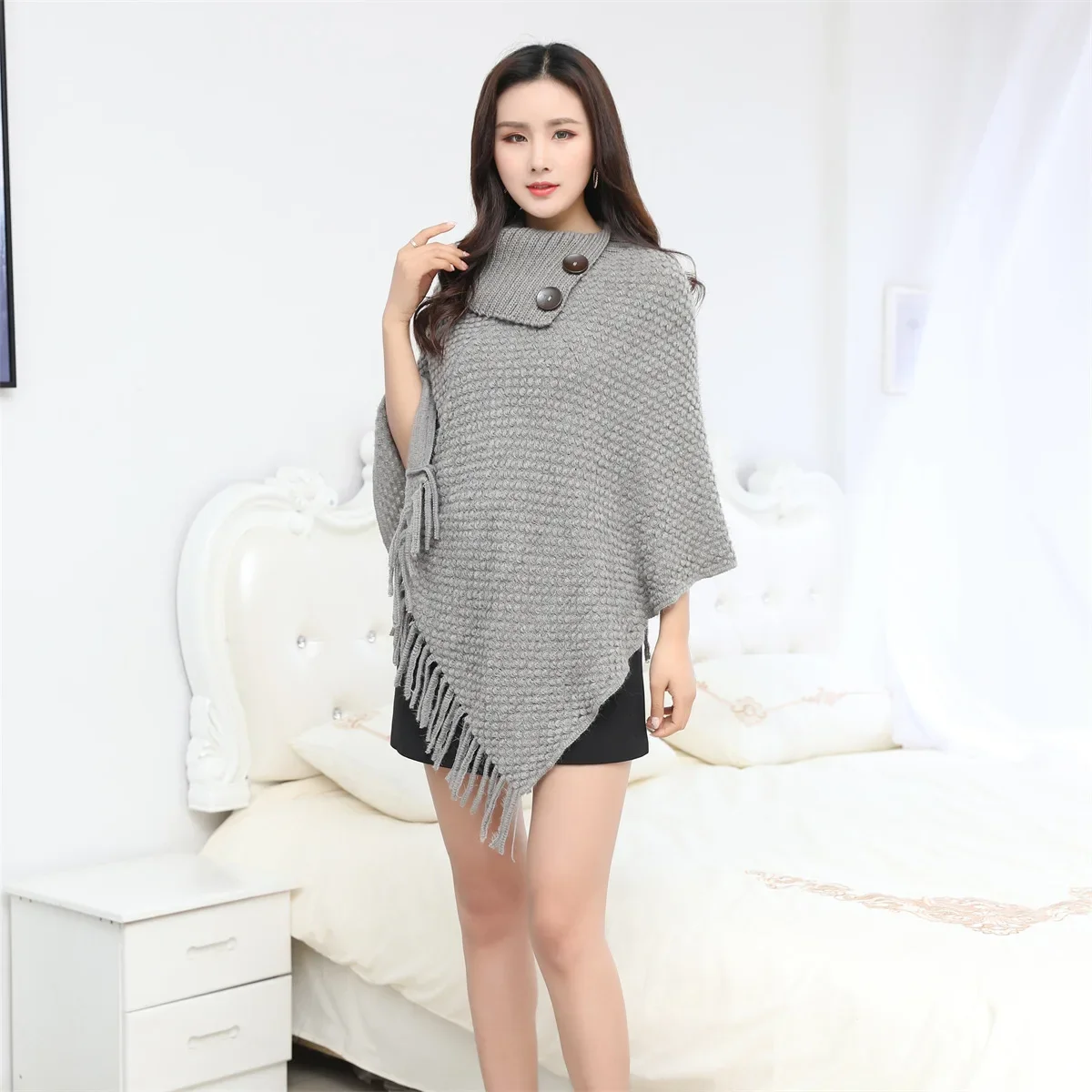 

Autumn Winter New High Neck Button Tassel Women Clothing Cape Shawl Warm Coat Pullover Fashion Knitwear Jumper New