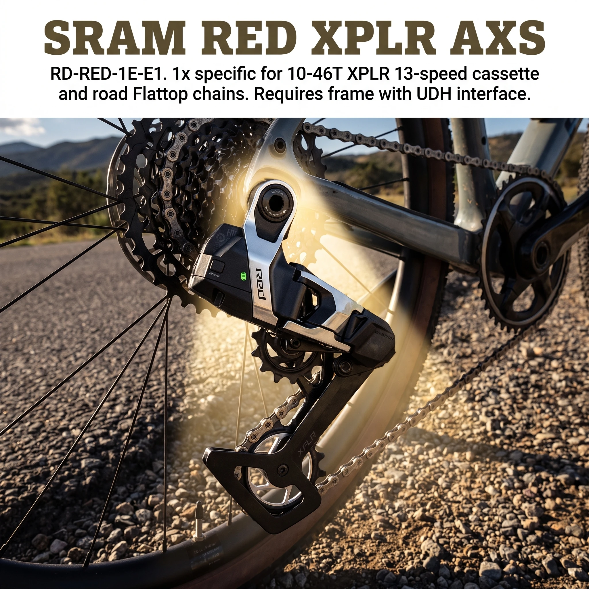 SRAM RED XPLR AXS 13-скоростной переключатель передач |   Карбоновый каркас |   Керамические подшипники для шкивов |   Полный комплект креплений |   Для кассет 10-46T и цепей Flattop