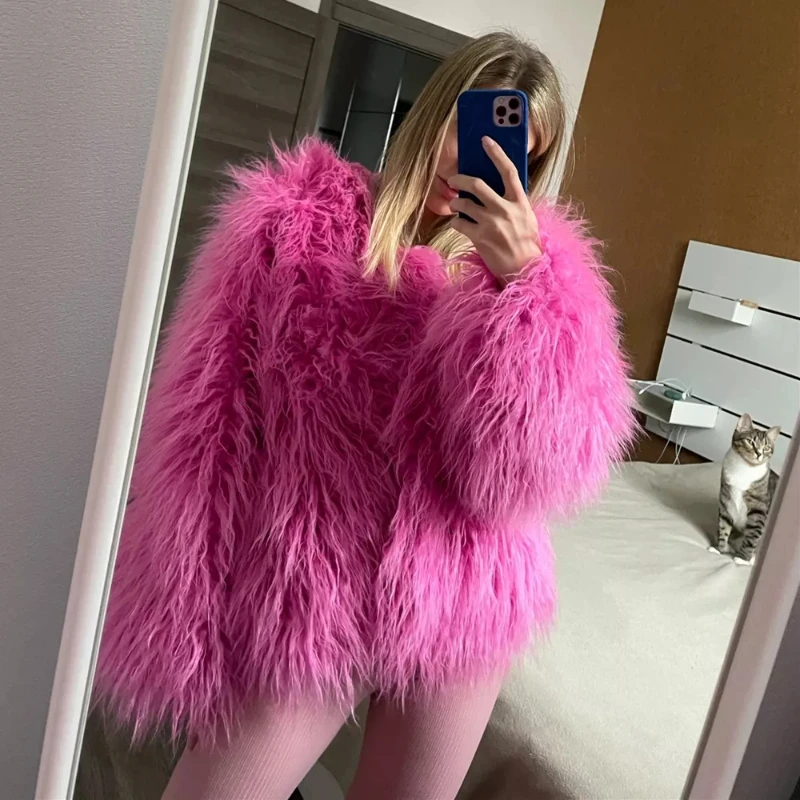 Kleurrijke Warm Lam Wol Faux Vrouwen Bontjas Losse Zwart Wit Roze Pluche Jas Vrouwelijke Jas Bont Herfst Winter Shaggy bovenkleding