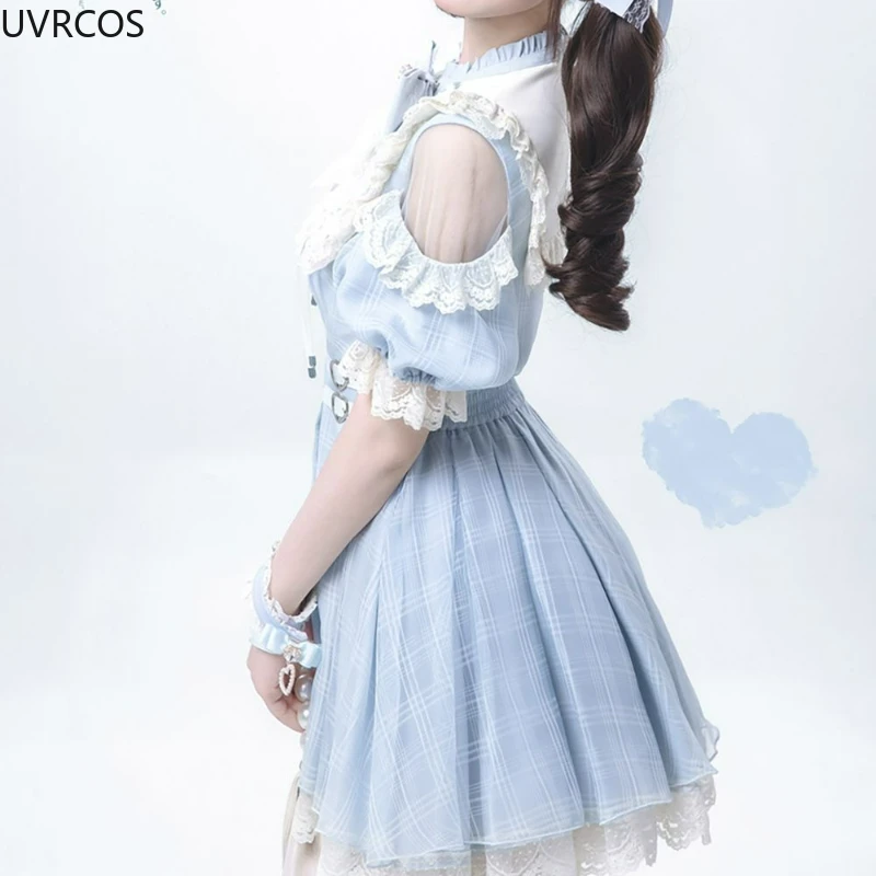 Japanese Sweet Lolita Bow Dress Shorts Set Women Kawaii Lace Ruffles Off Shoulder Plaid Shirts Dress Gothic Y2k Slim Party Dress