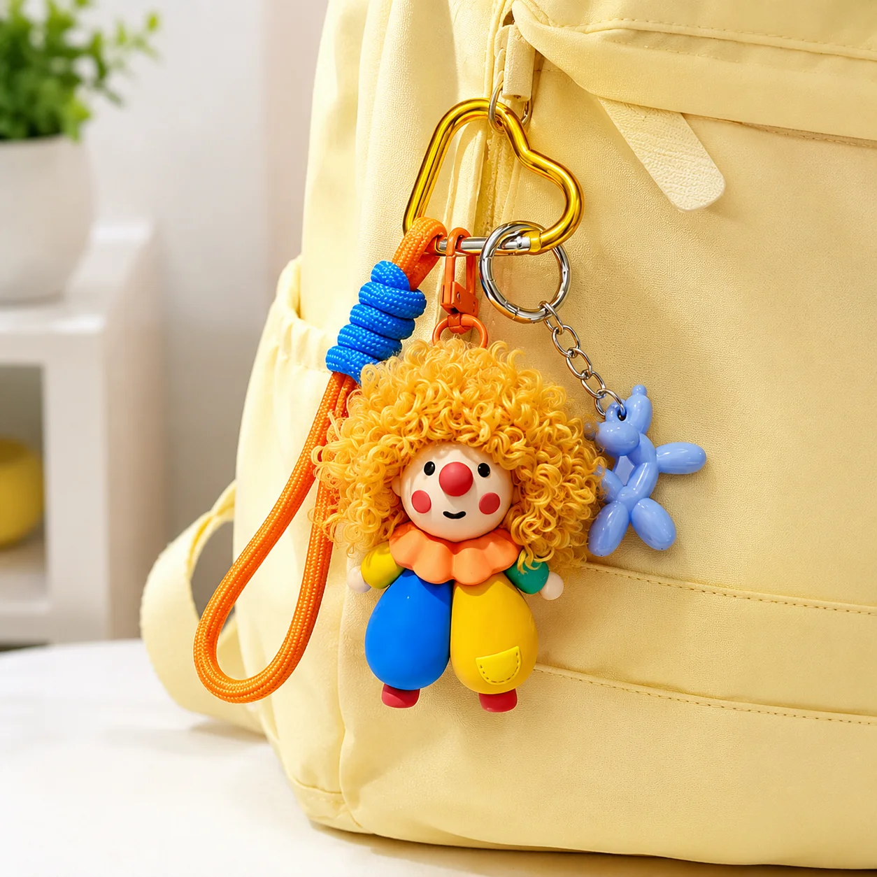 Cute Curly Hair Clown Doll Keychain with Balloon Dog Charm, Heart Carabiner Wrist Strap, Bag Car Key Ring Pendant