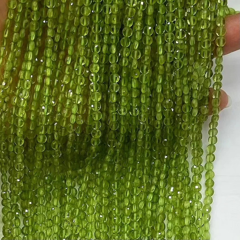 Natural Peridot Beads Micro Faceted Coin Bead 4mm Faceted Thin Bean Beads,Small Tiny Beads for jewelry,1string of 15.5