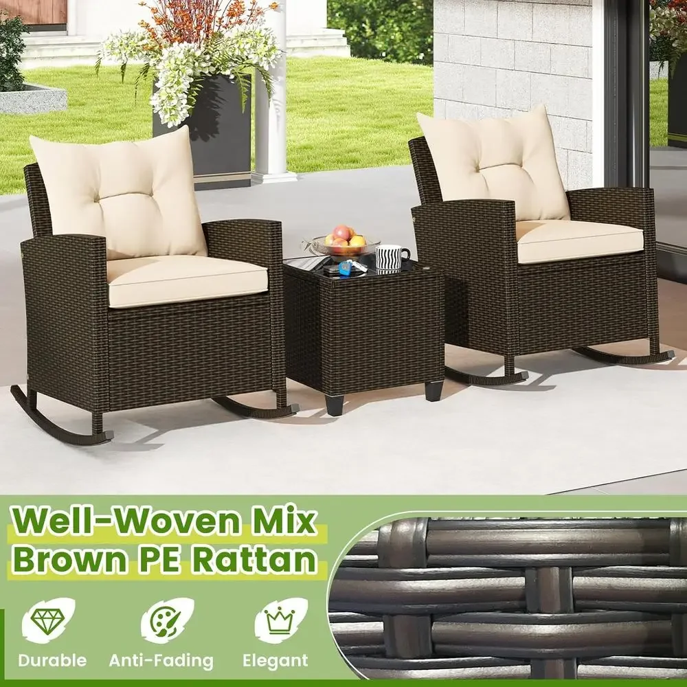 3-Piece Outdoor Wicker Rocking Bistro Set with Glass Table, Suitable for Porch, Balcony, Deck, Poolside (Mix Brown-Beige) view 5