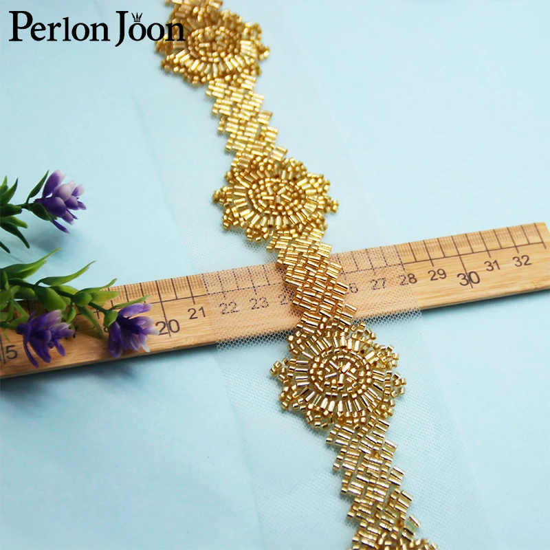 5Yards Round Shape Gold Glass Bead Imitation Handmade Mesh Lace Trim Ribbon DIY Decoration for Clothing Wedding Dress Belt HB085