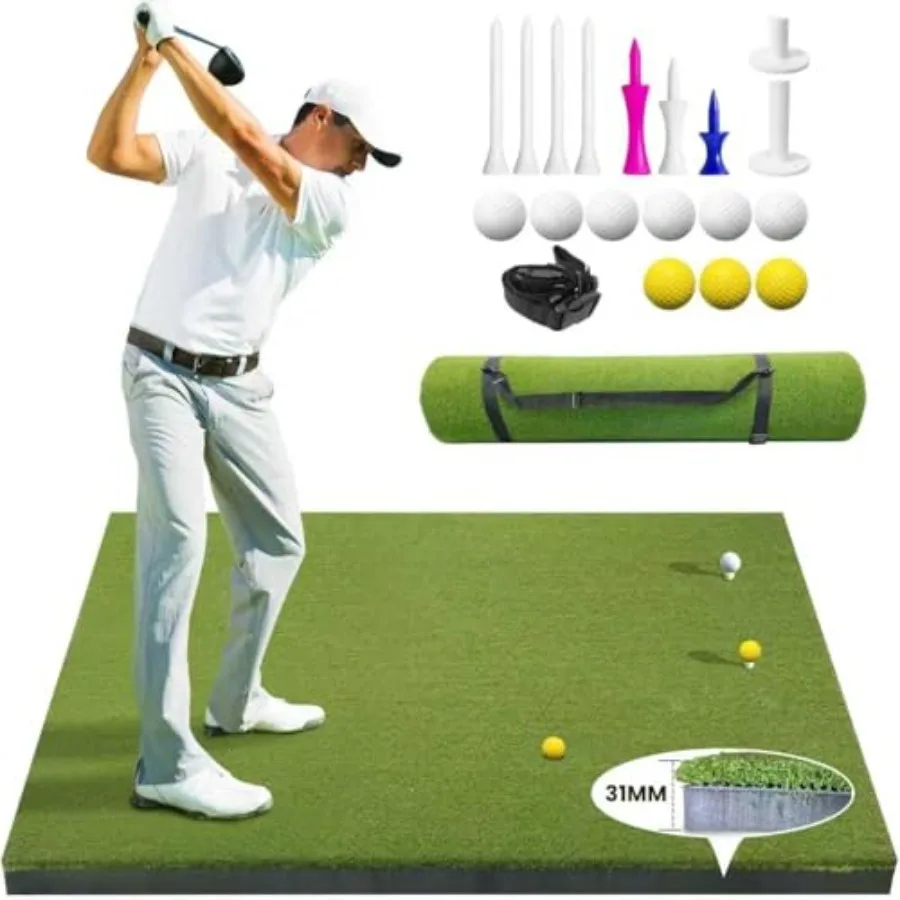 

Golf Hitting Mat 5x4ft, 31mm Artificial Turf Practice Mat with 9 Tees, Durable EVA Backing for Indoor Outdoor Driving, Chipping