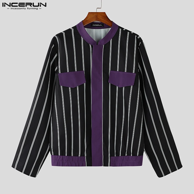 INCERUN Tops 2024 American Style Fashion Men\'s Patchwork Striped Jackets Coats Casual Streetwear Male Long Sleeved Jackets S-5XL