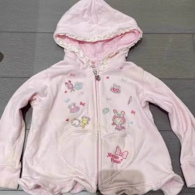 Sweet Girl Hoodie Pink Cartoon Bunny bear Embroidered Lace Edge Cute Zipper Cardigan Coat Y2k Kawaii Sweatshirt 2024 Autumn New