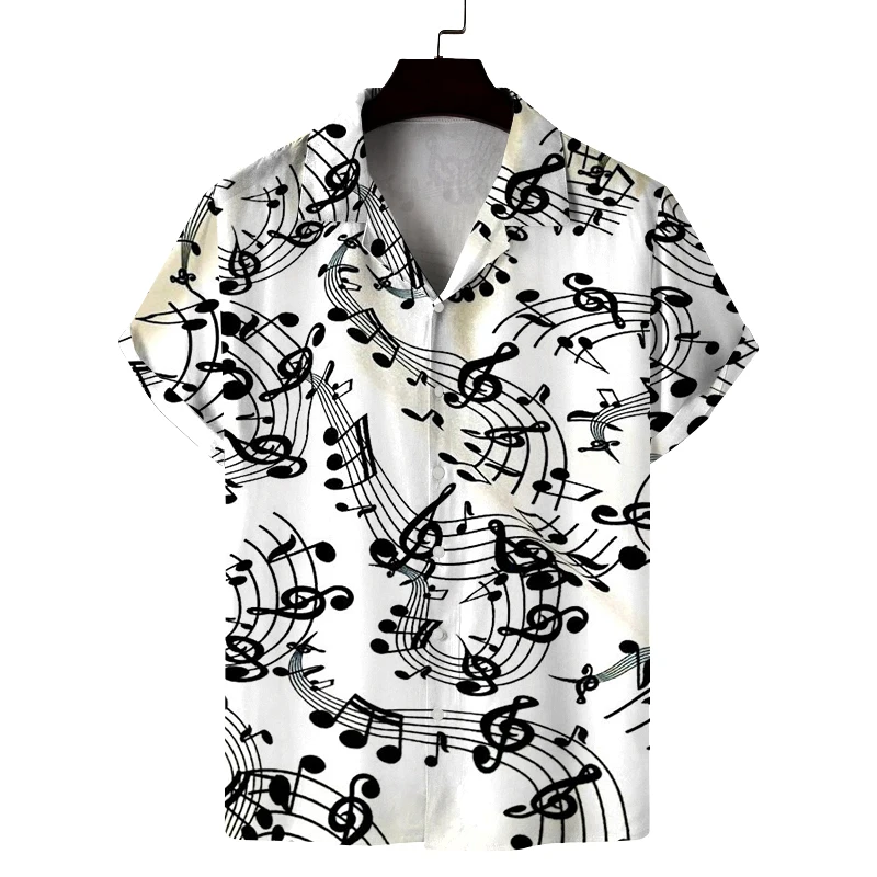 Summer Men's Cuban Collar Short-Sleeved Shirt with Musical Notation Print, Fashionable and Comfortable, Versatile Men's Shirt