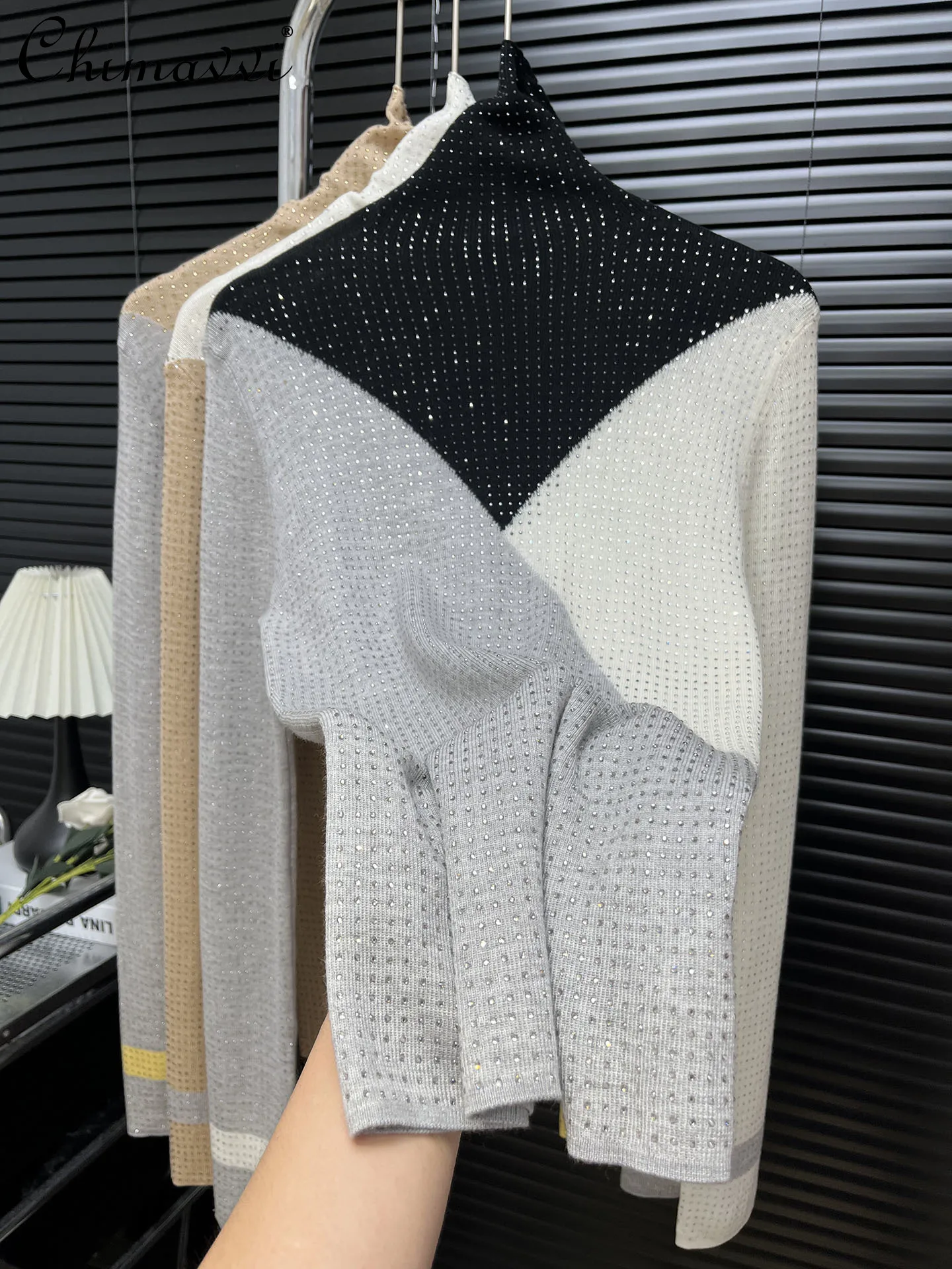 

Высококачественная модная трикотажная базовая рубашка с цветными блоками и высоким воротом из тонкой шерсти, осень-зима, тонкий элегантный свитер с длинными рукавами