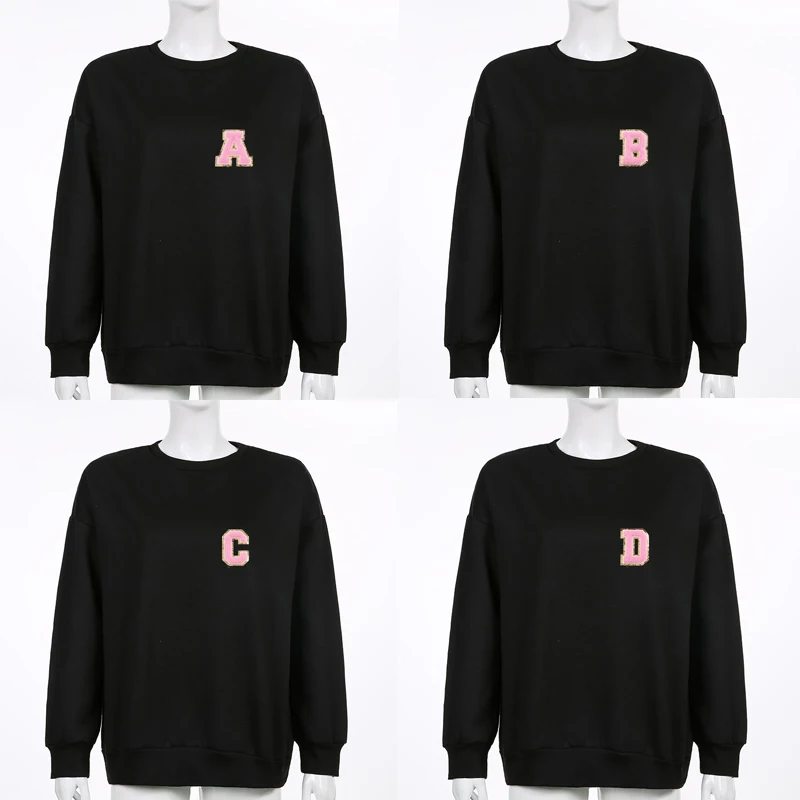 

2025 Japanese Harajuku Y2K Loose Knit Sweater Black 26 Letters Printed Round Neck Streetwear Casual Drop Shoulder Pullover