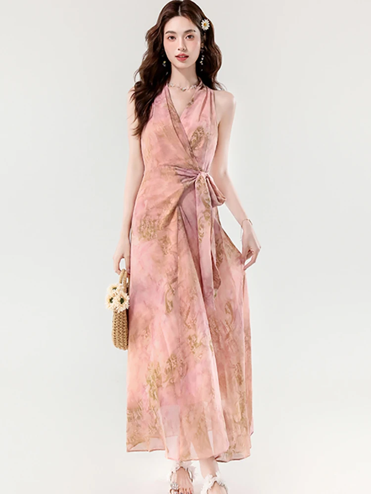 

2025 Pink Floral Chiffon Chic Bow Bandage Long Dress Summer Elegant Chic Neck-mounted Dress Women Korean Bodycon Holiday Dresses