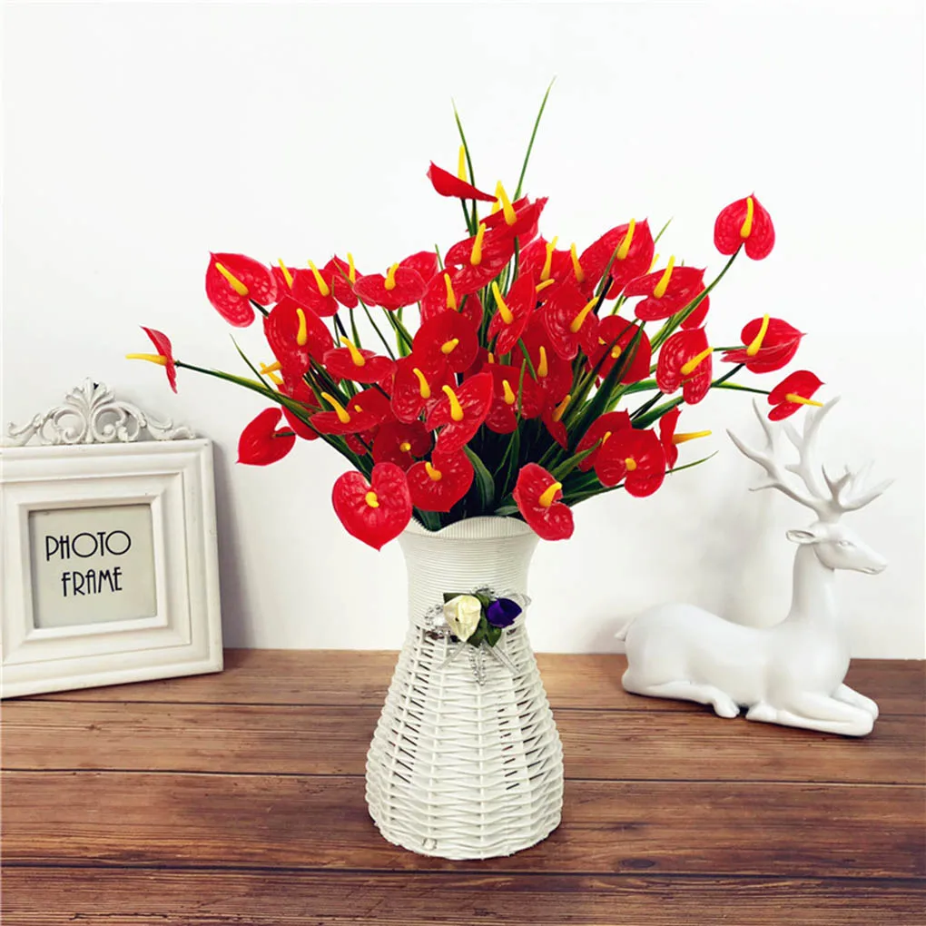 7 branch Anthurium Flower with Leaves Home Hotel Table Decor Centerpiece Floral Plastic Fake Flower