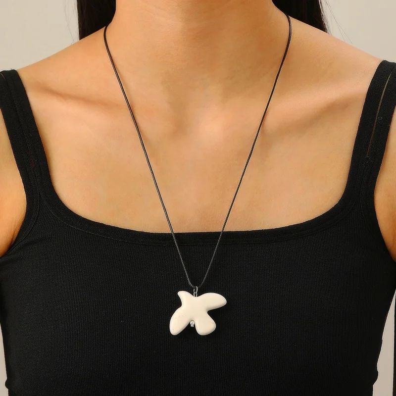 Ladies Retro Geometric Circular Hoop Long Fashion White Peace Dove Pendant Necklace With Black Cord Jewelry Gift