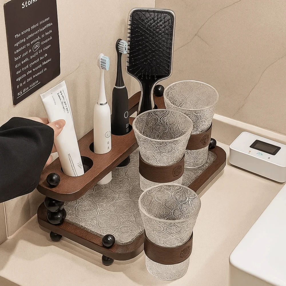 Save Space Functional Toothbrush Storage Rack Vintage Petite Wooden Storage Shelf No Drilling Required Circular Arc