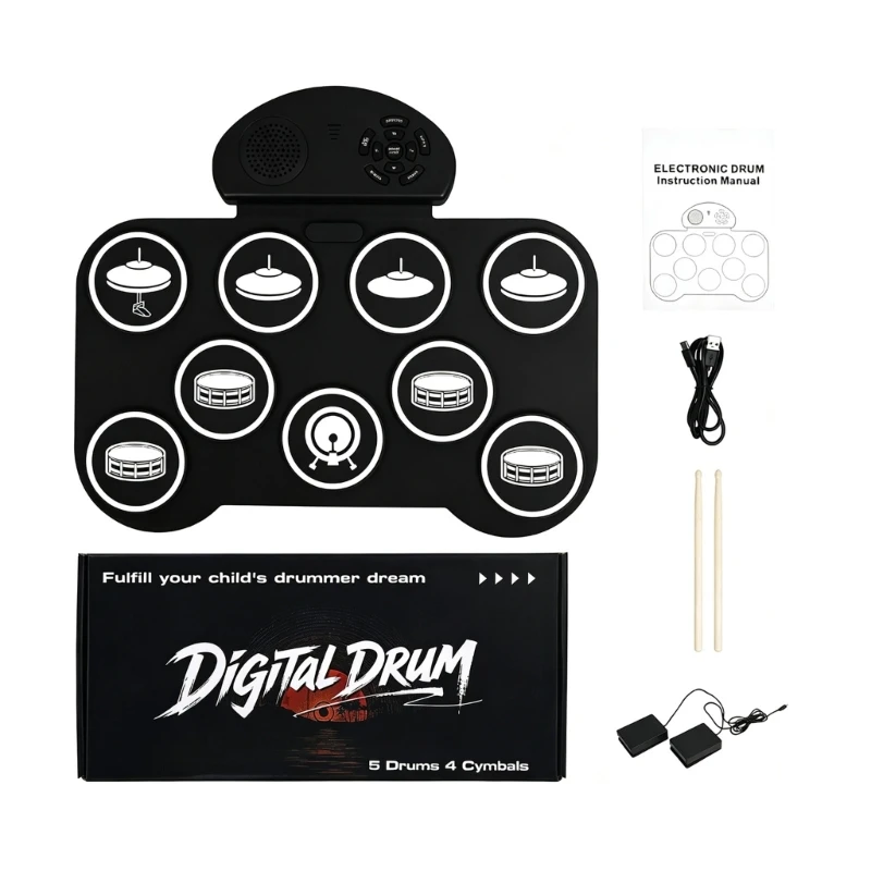 Foldable Electronic Drum Set with 9 Pad Layout, Portable Practice Pad, Onboard Speaker and Type C Power for Home Practice 69HD
