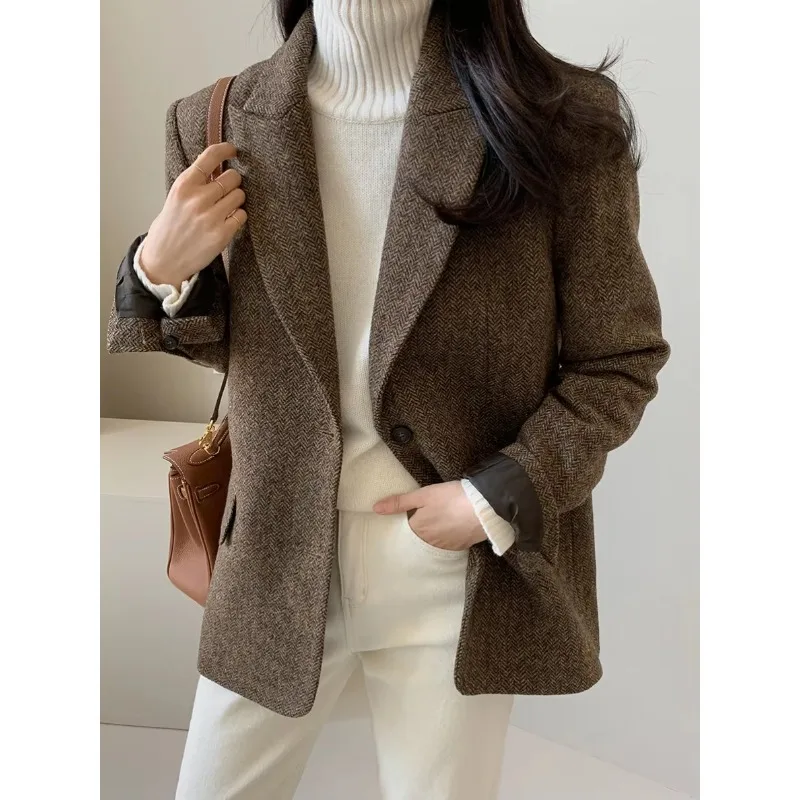 2026 Autumn New Style: Solid Color Versatile Wool Blazer Coat for Women, Korean Dongdaemun Purchasing Female Office Lady Top
