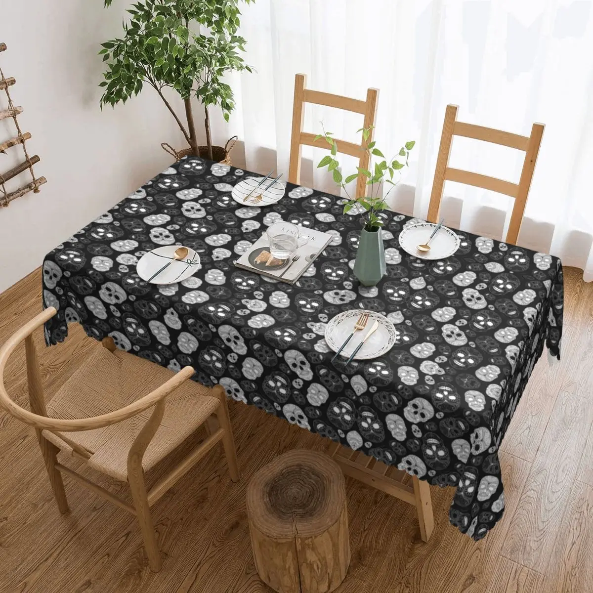 Rectangular Oil-Proof Sugar Skulls Black And White Tablecloth Table Cover 40