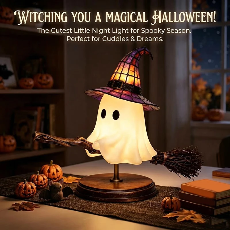 Halloween Lamp Ghost On Broom USB Powered Light Halloween Decorative Lamp For Home Apartment Living Room Nursery Study Desk