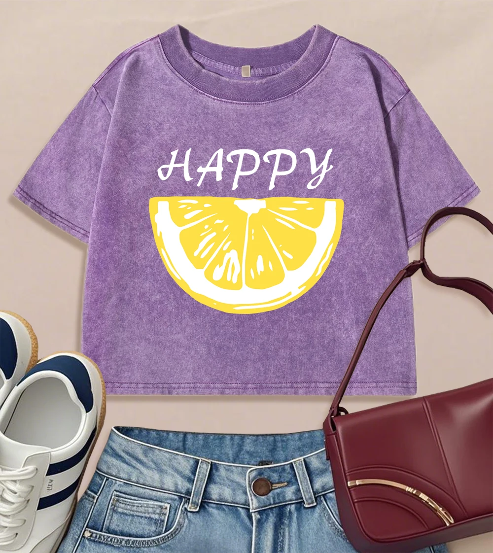 

Happy Lemonprinting Womens Washed Slim T Shirt Retro Fitness T Shirts Cotton Casual Simple Tee Fashion Snow Wash Crop Top