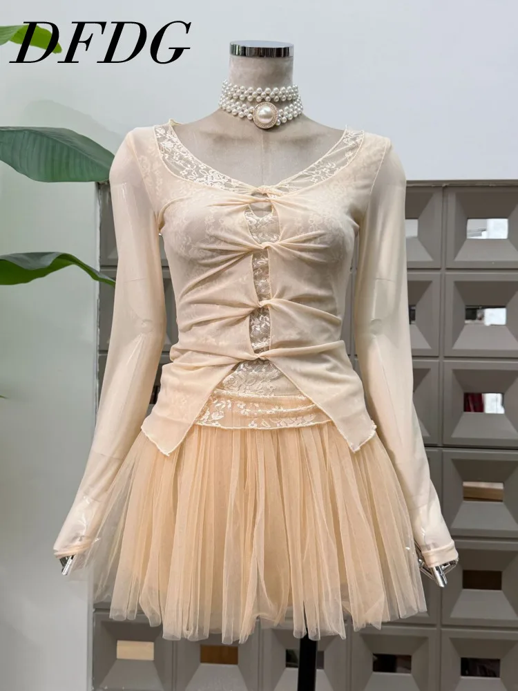 

DFDG Женский весенне-летний бежевый кружевной топ с рюшами и тюлевой юбкой, комплект с длинными рукавами, повседневная одежда для вечеринок, 2025 г., модный женский модный комплект