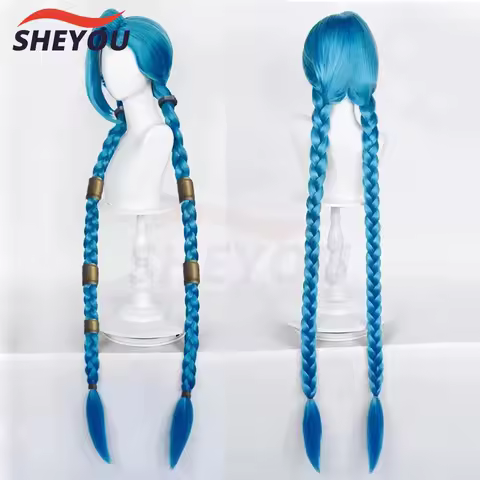 High Quality LOL Jinx Cosplay Wig 140cm Long Braided Blue Heat Resistant Synthetic Hair Game Anime Cosplay Wigs + Wig Cap