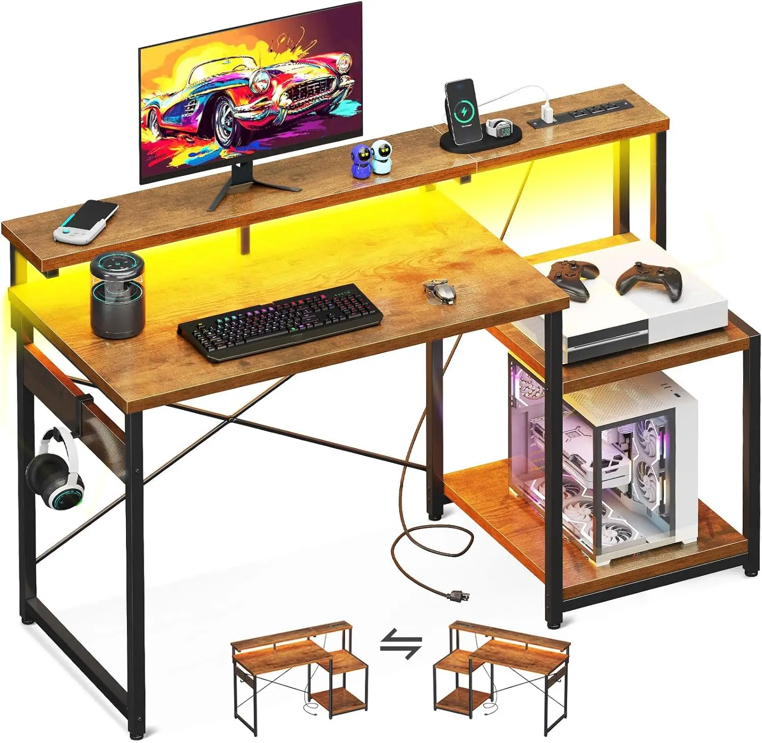 48 Inch Gaming Desk with LED Lights, Power Outlet, Storage Shelves, Monitor Shelf & Headphone Hook in Rustic Brown